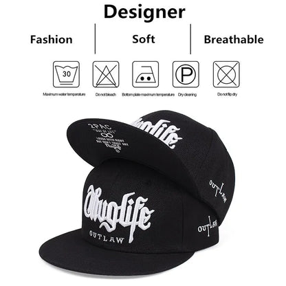 Black cap with white text and logos on a white background with text about the cap's features.