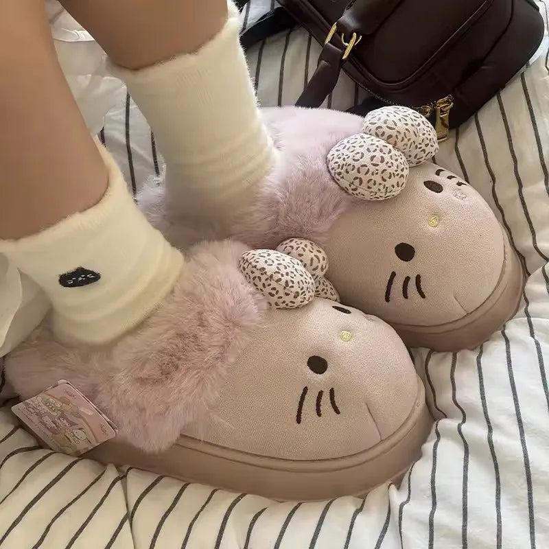 Autumn Winter Hello Kitty Slippers For Women Plush Cute Sanrio Home Warm Cotton Slippers Cartoon Home Indoor Shoes Gifts
