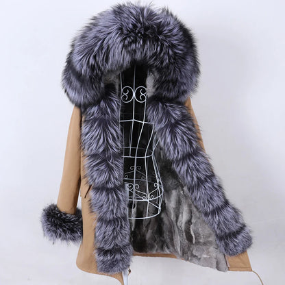 MAOMAOKONG 2023 Abnehmbarer Echtfuchs Pelzkragen Mäntel Damen Winterjacke Kapuze Kaninchenfellfutter Lange Parkas Damenbekleidung