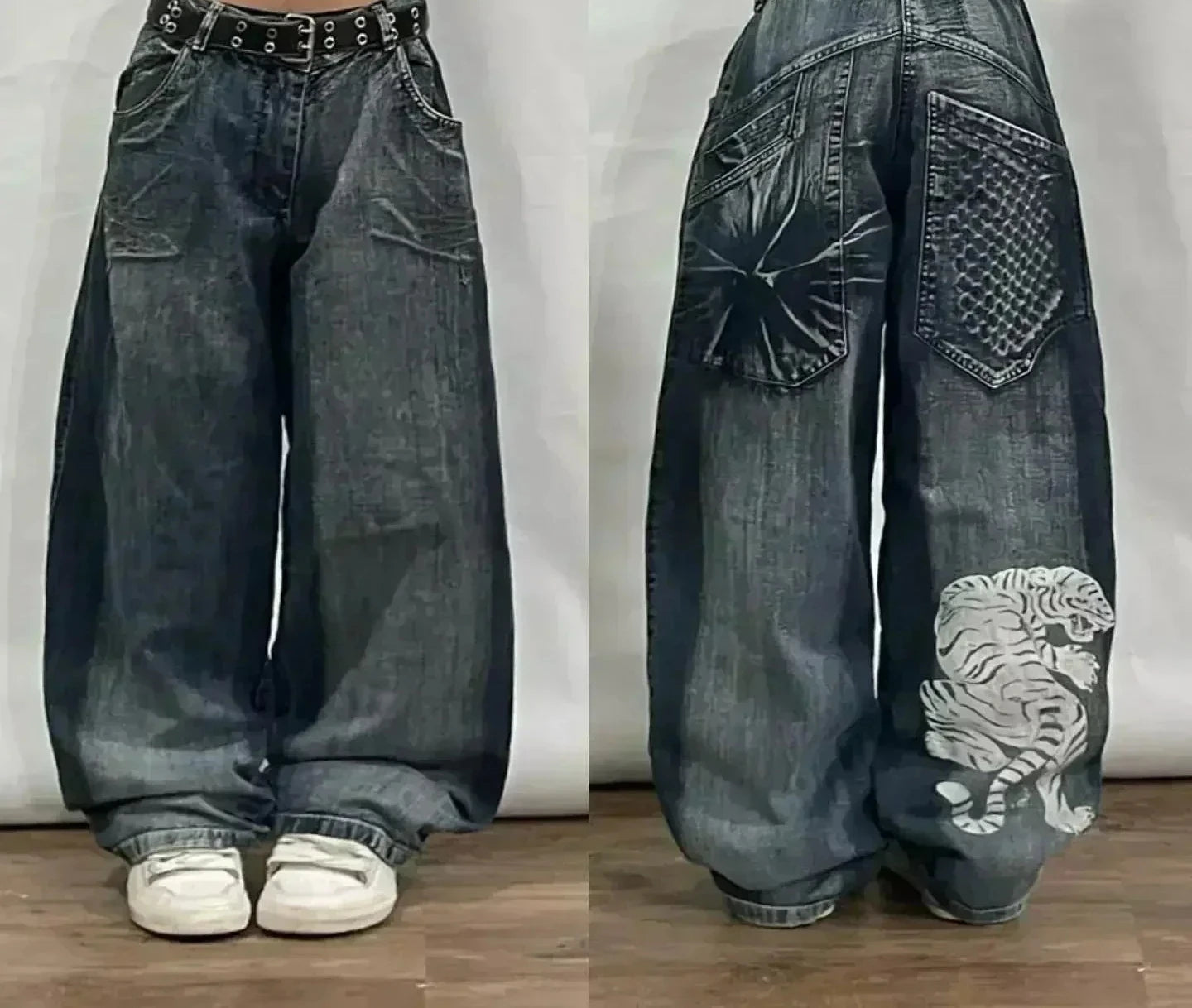 Street Fashion Trend Totenkopf bestickte Jeans Damen Harajuku Y2K Neue Hip Hop Joker Straight Wide-Leg Hosen Paar Freizeitjeans