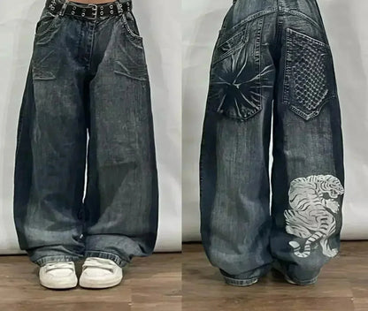 Street Fashion Trend Totenkopf bestickte Jeans Damen Harajuku Y2K Neue Hip Hop Joker Straight Wide-Leg Hosen Paar Freizeitjeans