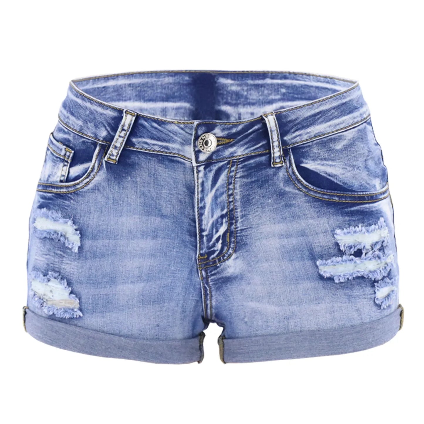 Denim shorts with distressed details on a white background