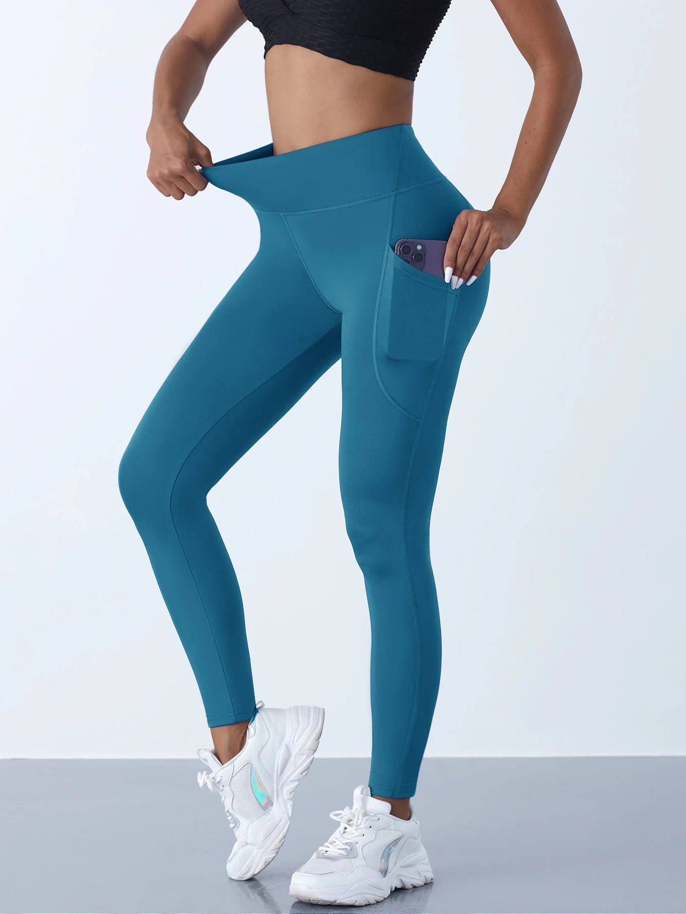Neue High-Waist-Damen-Leggings Stretch-Yoga-Hosen Strumpfhosen mit Taschen Push-Up-Fitness-Lauf-Sportbekleidung Unifarbene Hosen