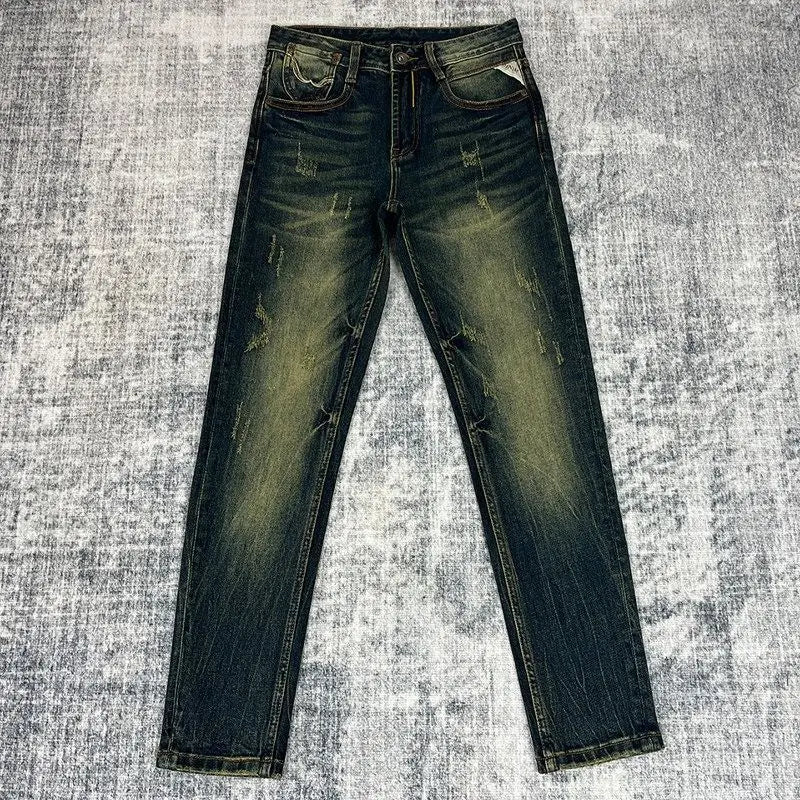 Embroidered Slim Fit Straight Leg Men's Jeans Elastic Claw Scratch Wear