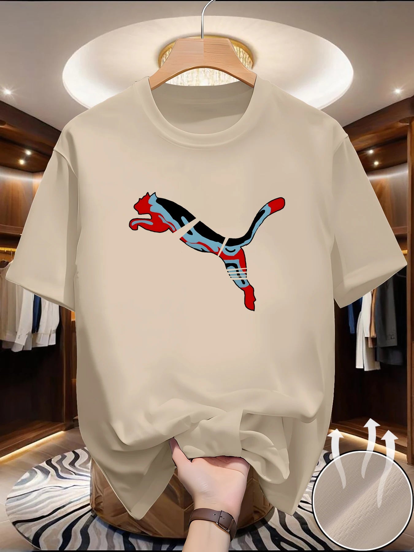Mesh T-shirt with animal world pattern printed round neck short sleeved casual top