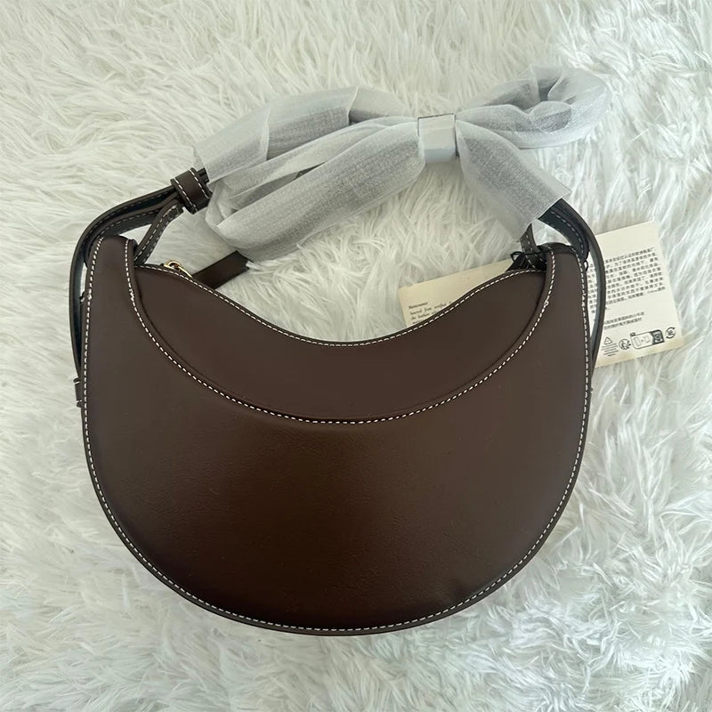 2025 French fashion genuine leather women's shoulder bag, crescent bag, niche design zipper closure shoulder crossbody bag