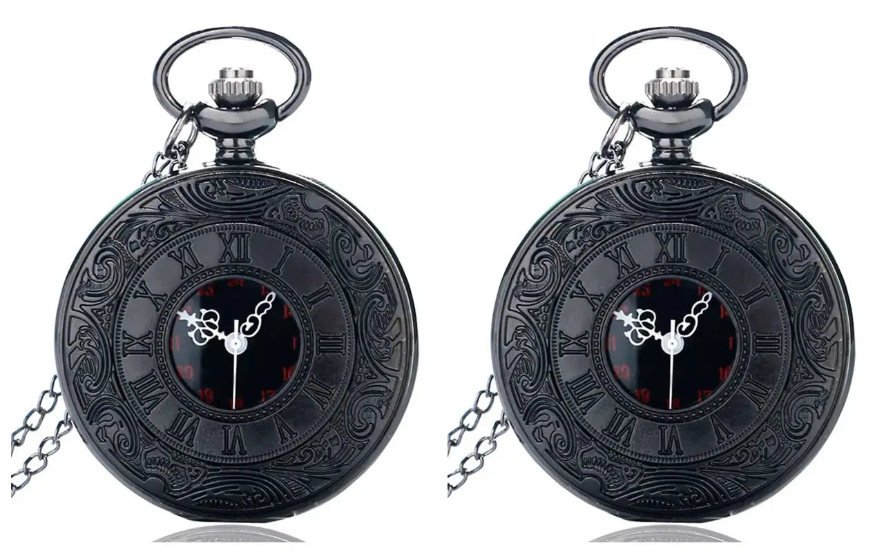 Vintage Charme Schwarz Unisex Mode Römische Ziffer Quarz Steampunk Taschenuhr Damen Herren Halskette Anhänger mit Kette Geschenke P427