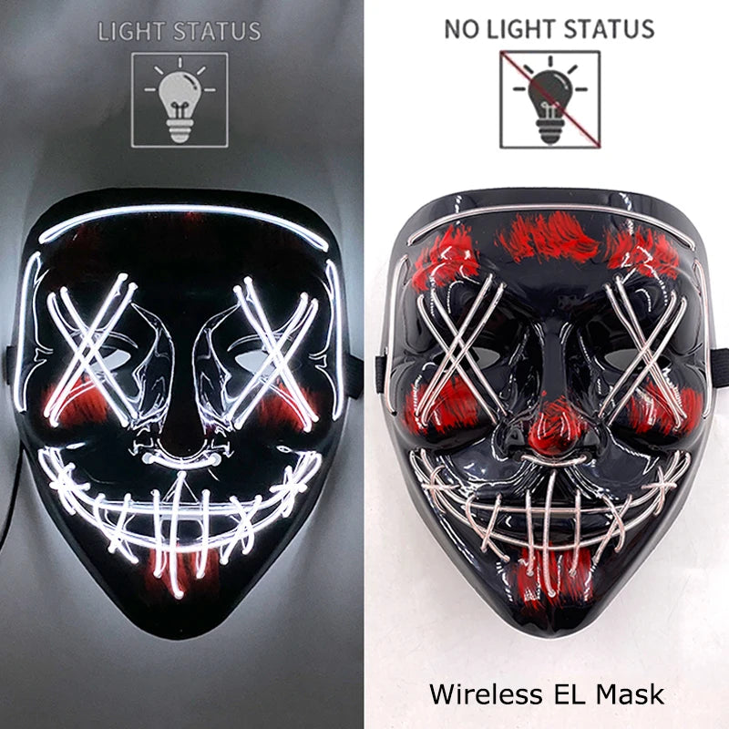 Drahtlose Neon-LED-Reinigungsmaske, im Dunkeln leuchtende Cosplay-Horrormaske, Halloween-Maskerade-Partymasken, leuchtende, lustige Verkleidung