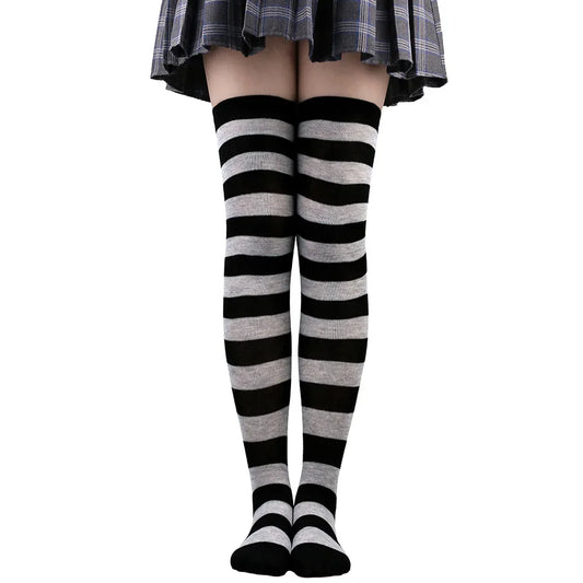 Thigh High Stockings Womens Striped Ladies Girls Black White pink Long Over Above Knee Socks femboy Cosplay Lolita Harajuku Y2k - Teglex