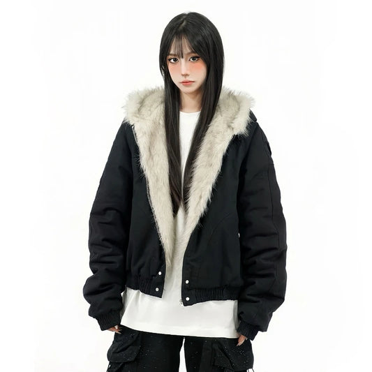 Women's Fur Collar Zip Hoodie Casual Loose Jacket