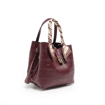 CH New Tote Bag Embossed Logo Silk Scarf Decor Lock Buckle Burgundy Fashion Women Casual Daily Handbag
