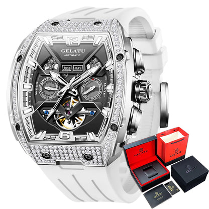 Luxury watch with white strap and detailed face, accompanied by a red box and black card on a white background.