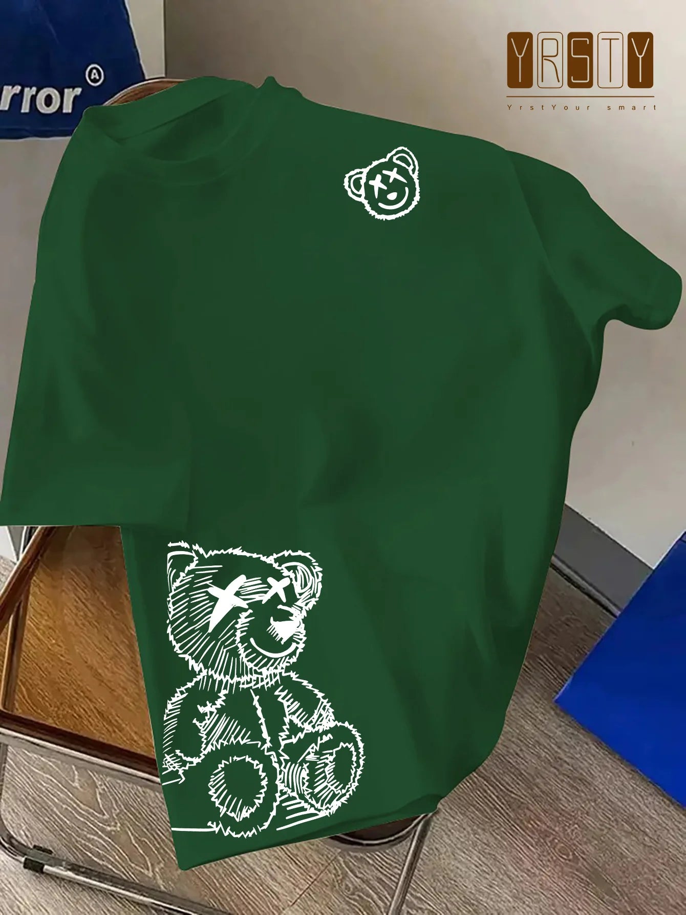 00% reine Baumwolle Herren Cartoon Bär Muster bedrucktes modisches lässiges lockeres Sport Rundhals Kurzarm T-Shirt Oberteil