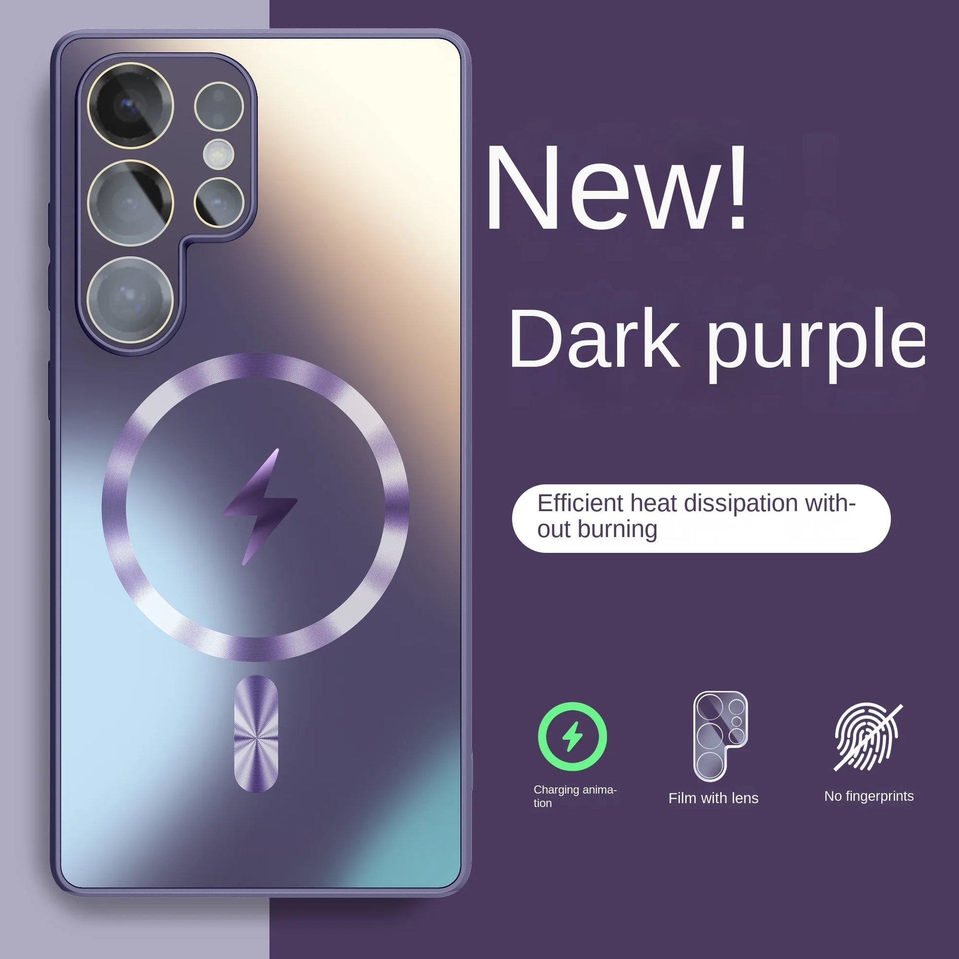 Dark purple phone case with charging symbol on a matching background