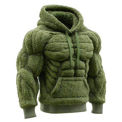 Men's Fashion Flannel Hoodie Pullover Abdominal Muscle Design Sportswear Autumn Winter Casual Long Sleeve Hooded Sweatshirt