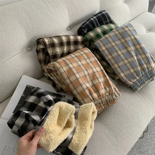 Women's Plush Plaid Wide-Leg Pants Winter Thickened Pants
