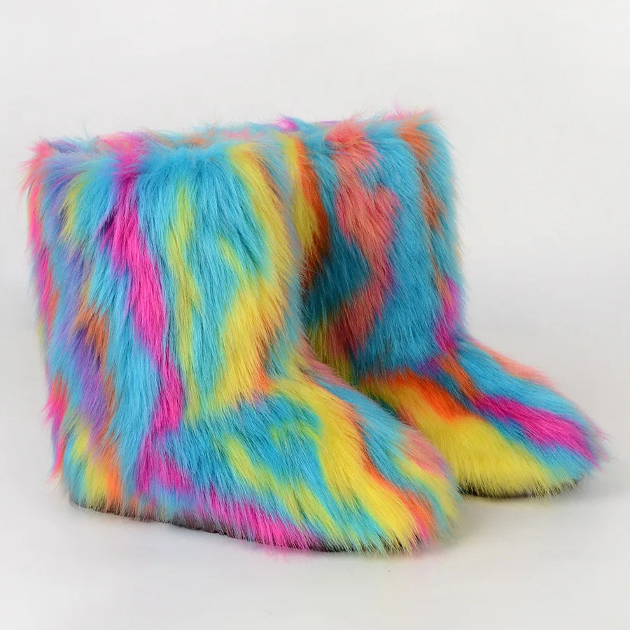 Women's Winter Snow Boots Outdoor Luxury Furry Faux Fox Fur Boots Woman Plush Warm Platform Shoes New Fashion Bottes Big Size 46