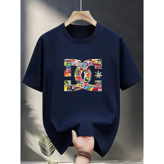 Navy blue t-shirt with colorful graphic design on a hanger against a neutral background