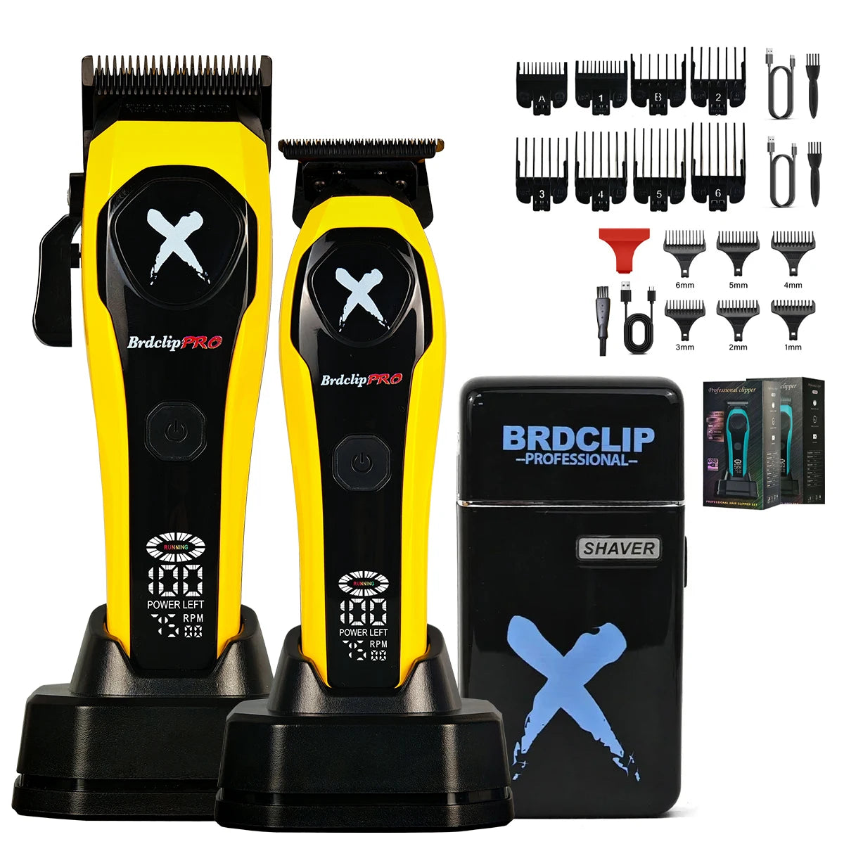 Hair trimmer set with attachments and BRDCLIP branding on a white background
