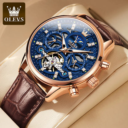OLEVs Lederarmband Herrenuhren Mondphase Wasserdicht Volle Hohl Mechanische Automatikuhr für Herren