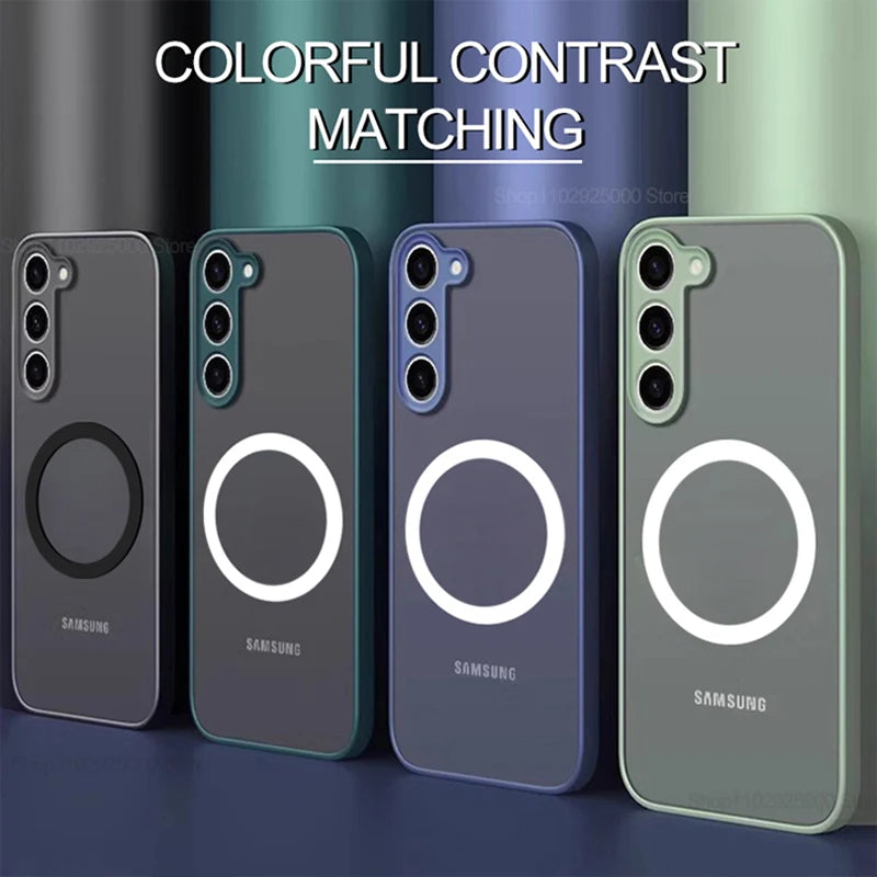 Four Samsung phone cases in different colors with a colorful background