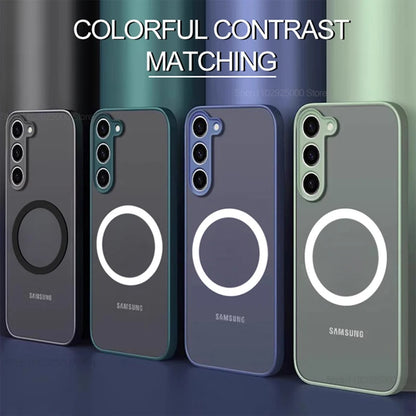 Four Samsung phone cases in different colors with a colorful background