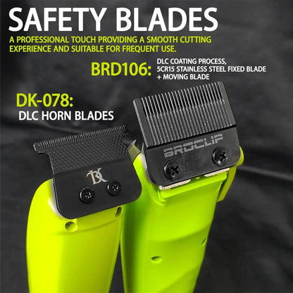 Hair trimmer with safety blades and BroClip branding on a dark background