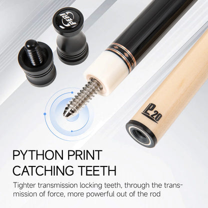 Pool cue with close-up of transmission locking teeth on a white background