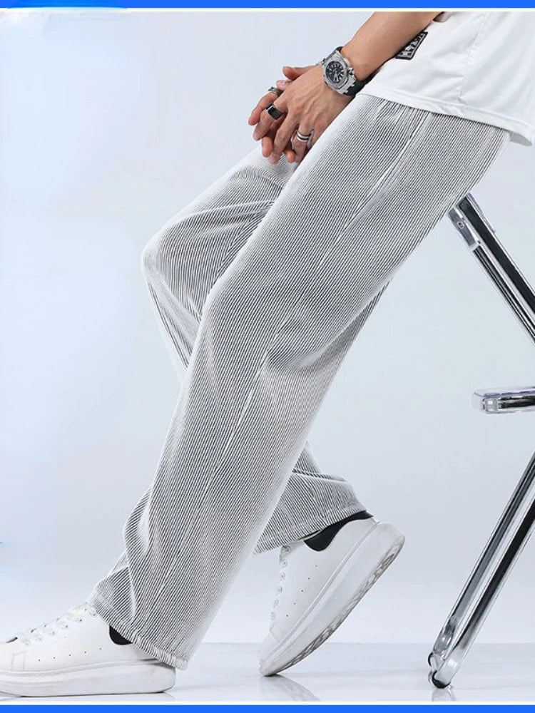 Men's Ice Silk Wide Leg Pants – Loose Drape Summer Trousers Fits Up to 100kg