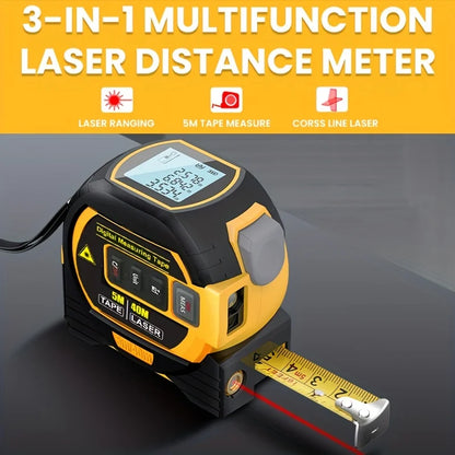 3-in-1 multifunction laser distance meter with tape measure extension on a dark background