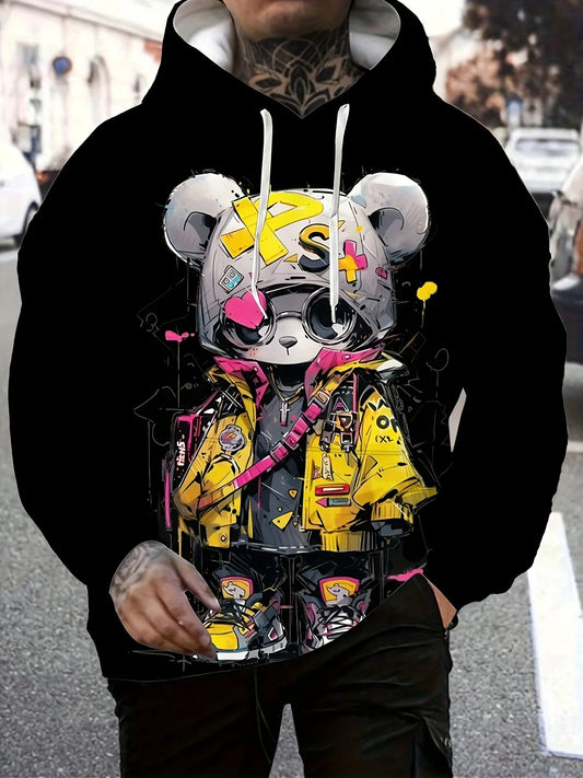 2025 New Men's Autumn Fashion Cartoon Bear Printed Soft and Comfortable Hoodie Suitable for Outdoor Street Wear - Teglex -