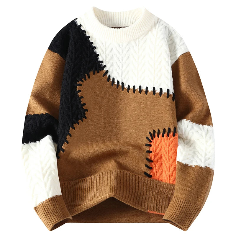 Korean Street Patchwork Knitwear Fashionable Men Sweater Stitching Contrast Long-sleeved Sweaters Christmas Knit Pullover