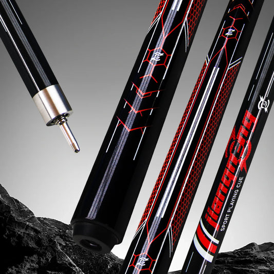 Premium carbon fiber pool cue for snooker and American 9-ball game, with a red monster design, smooth grip, 13mm tip and 148cm