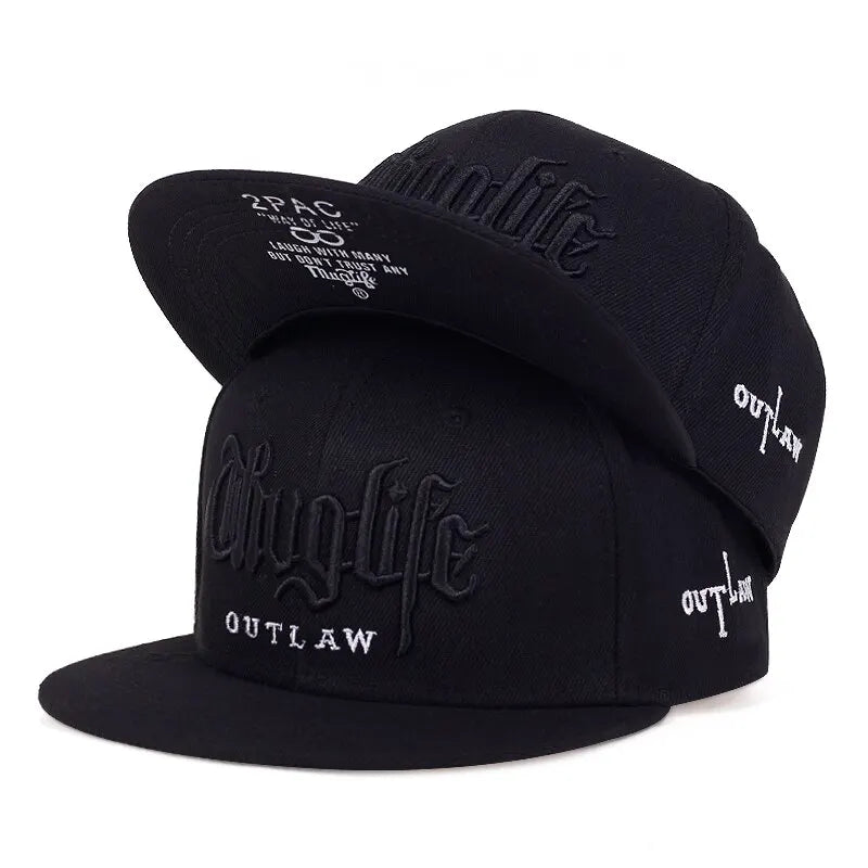 Black cap with 'Chug Life' and 'Outlaw' text on a white background