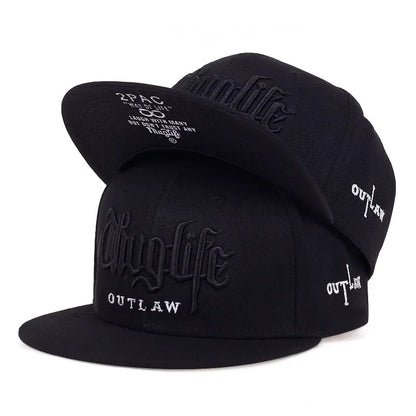 Black cap with 'Chug Life' and 'Outlaw' text on a white background