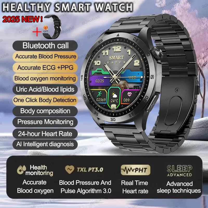 EKG-PPG-Smartwatch für Herren – Blutdruck-, Blutfett- und Harnsäuremonitor mit Bluetooth-Anruffunktion