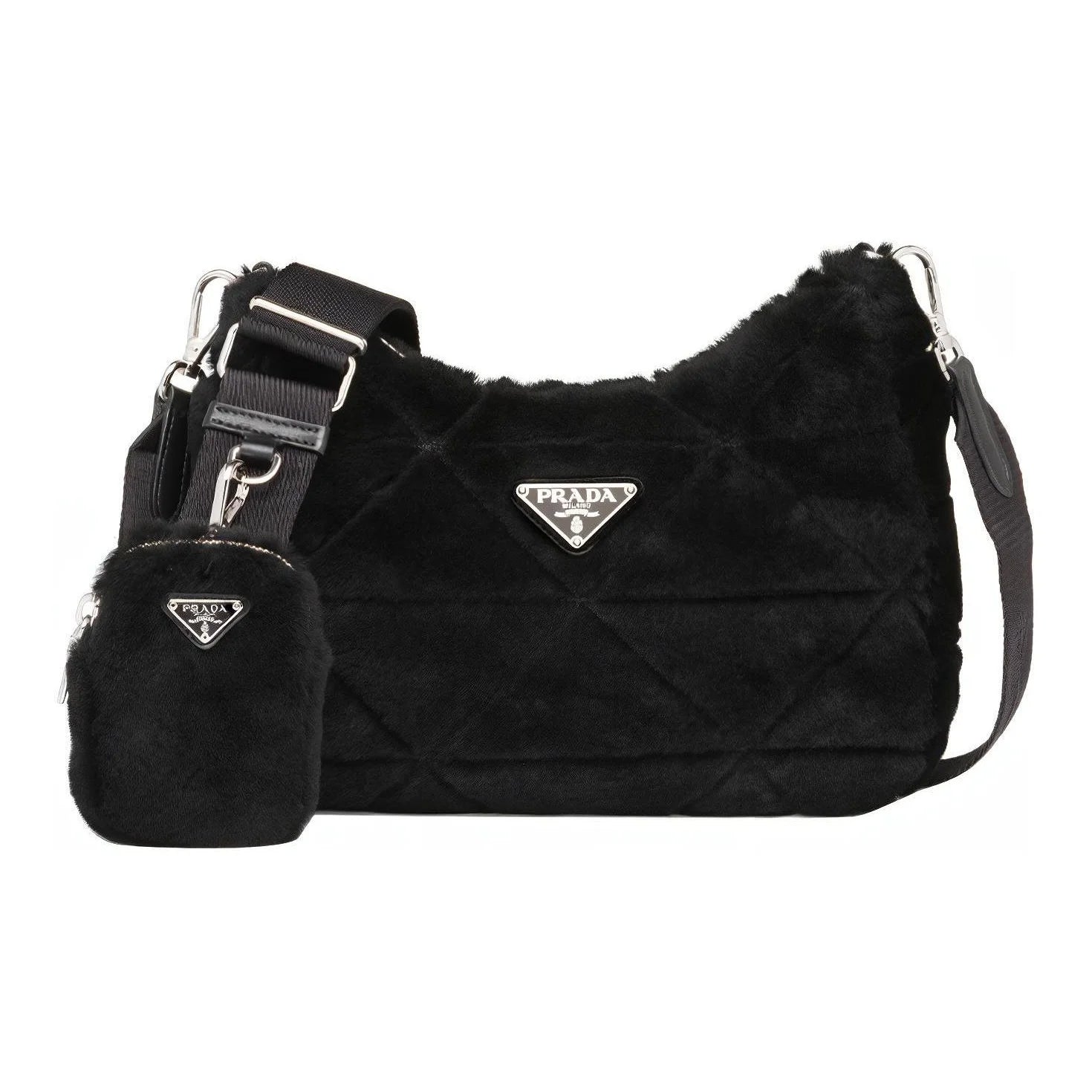 Black quilted handbag with matching pouch featuring Prada logo on a white background