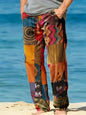 Men's Casual Linen Cotton trousers, Summer Ethnic Printed Beach pants, retro, mid-waist, zippered, Large Size Ropa Hombre