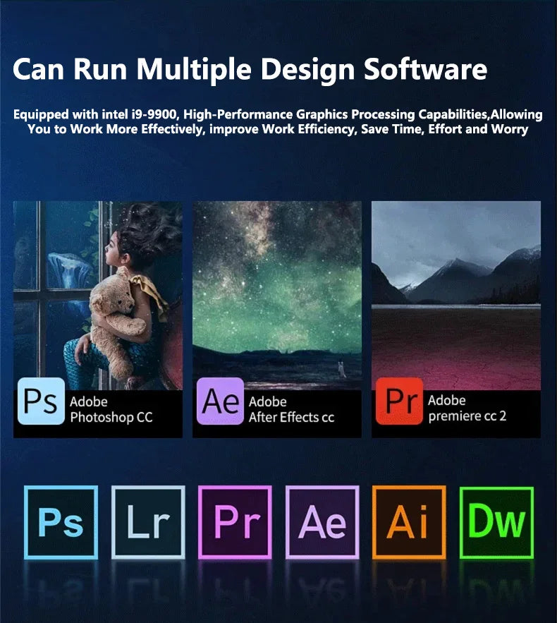 Advertisement showcasing design software compatibility with text about high-performance graphics processing capabilities.