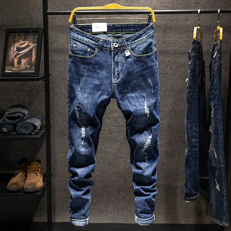 American Elastic Straight Jeans Men Ripped Worn-out Slim-fit Cotton Men's Clothing