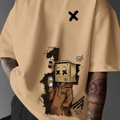 Herren T-Shirt aus 100% Baumwolle, modisch, leger, sportlich, locker, mit trendigem Puppen-Graffiti-Print und Rundhalsausschnitt, Kurzarm