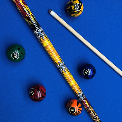 Colorful pool cue and balls on a blue background