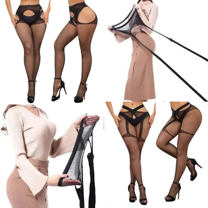 Black fishnet stockings with various styles and accessories on a white background