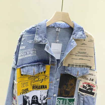 Women's Vintage Denim Jacket – Letter Print Casual