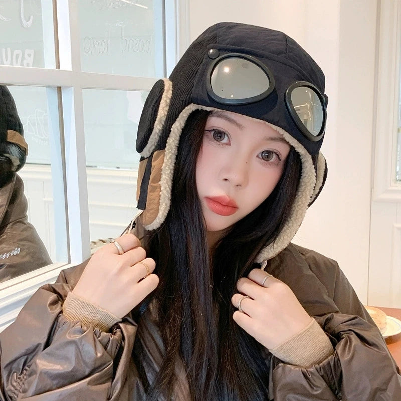 Autumn and winter velvet warm hat, women's goggles, flight hat, outdoor cycling windproof ear protection, Lei Feng hat