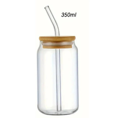 Clear glass jar with bamboo lid and straw, 350ml capacity, on a white background
