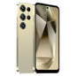 Gold smartphone showing front and back on a white background