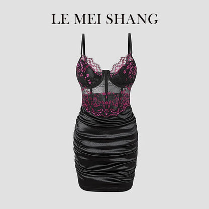 Hot Girls Slim Spaghetti Strap Mini Dresses Women Sexy See Through Flower Lace Fold Package Hip Bodycon Short Dress Club Vestido