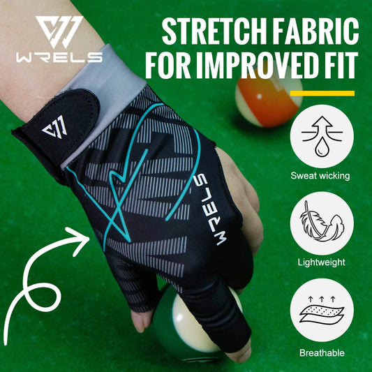 Billiard glove with Wrels branding on a green background, highlighting stretch fabric for improved fit.