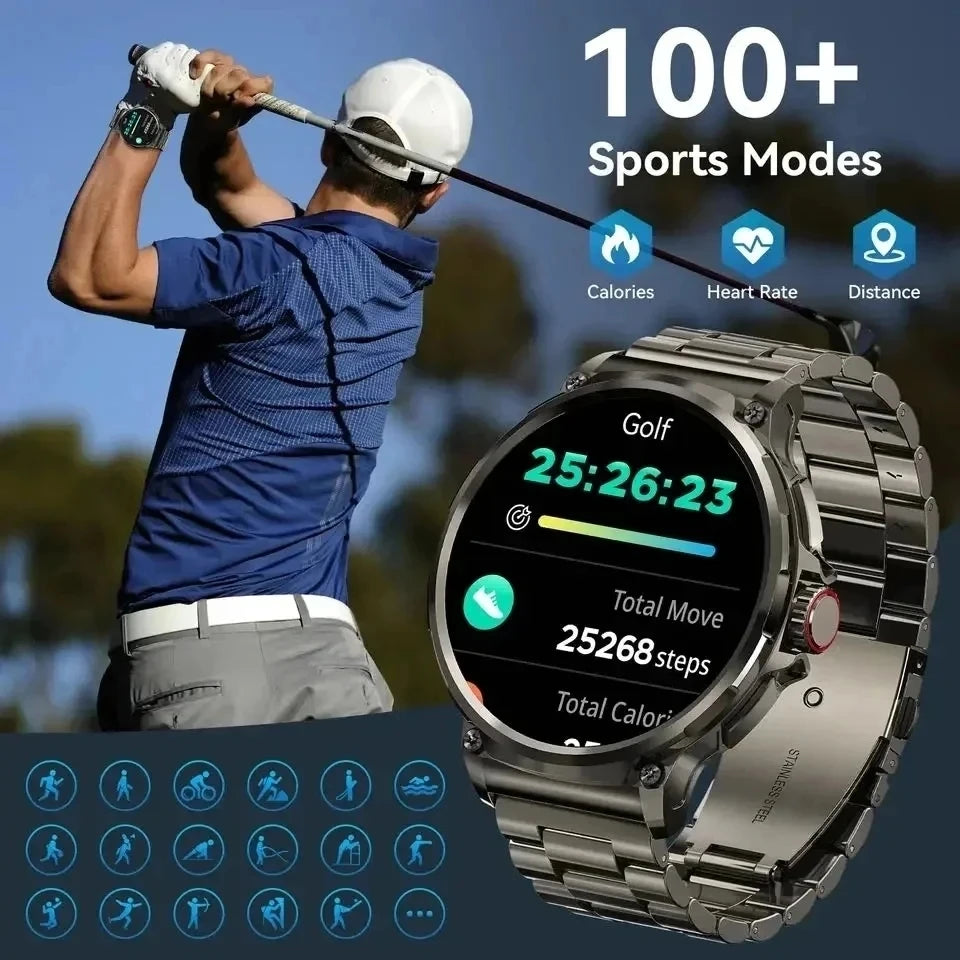 Smartwatch being worn by a golfer with sports mode features displayed on the screen.
